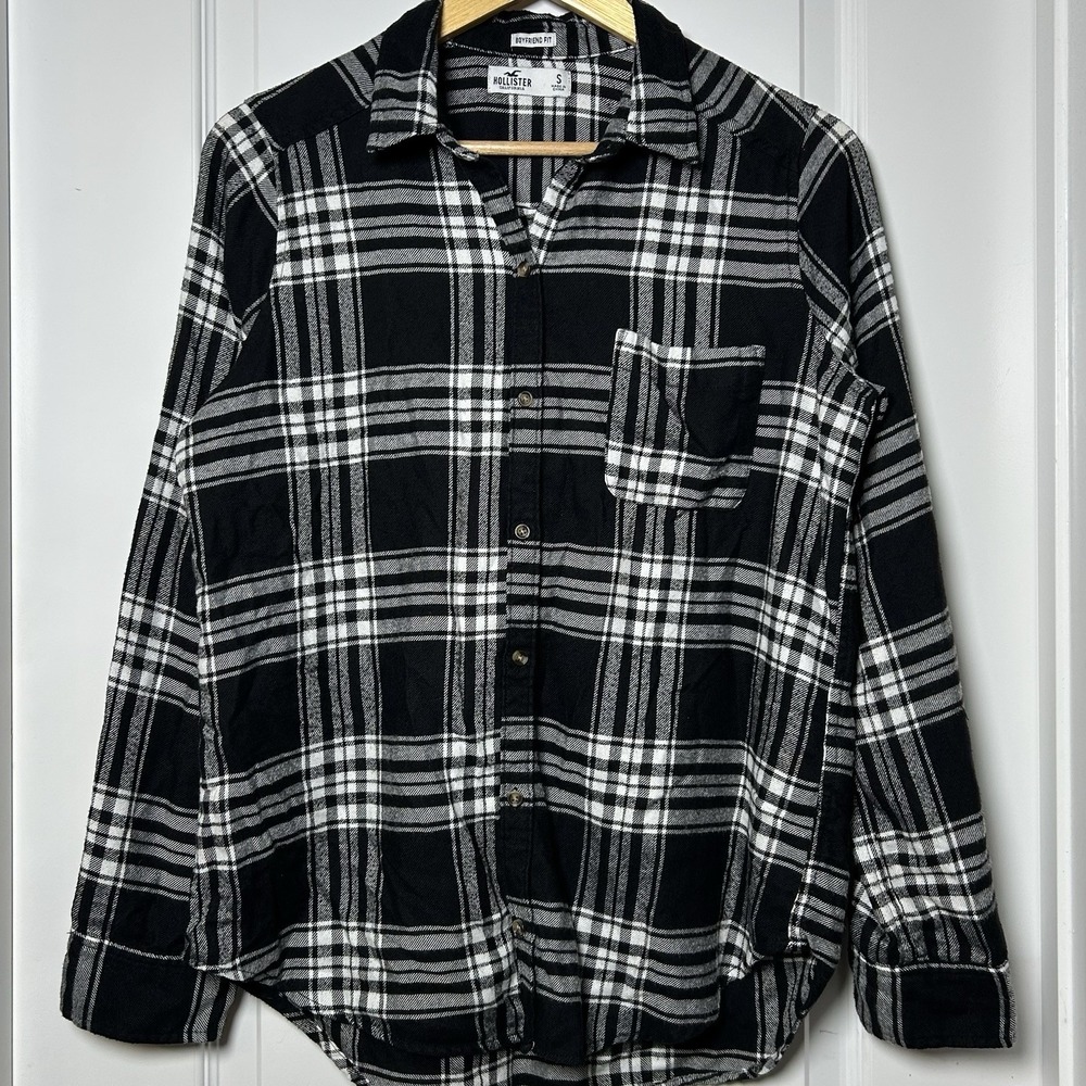 Hollister Boyfriend Fit Black White Plaid Flannel Shirt Grunge Gorpcore Style